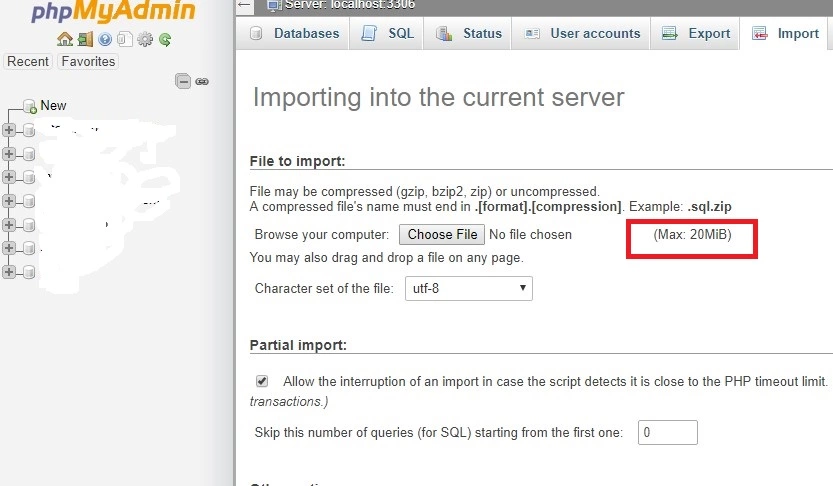 how to increase import limit phpmyadmin