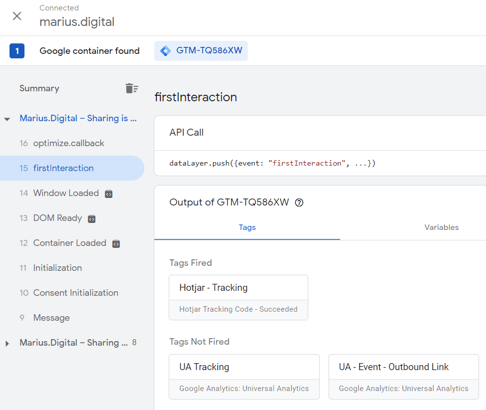 The HotJar Tracking Code tag is fired on the firstScroll custom event.