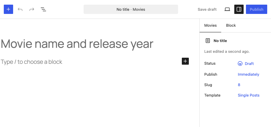 WordPress block editor showing the custom title placeholder "Movie name and release year" on a Movies post type