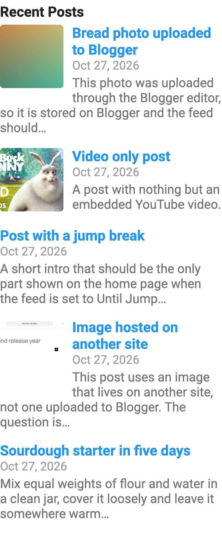 Recent posts gadget in a Blogger sidebar showing five posts with square thumbnails, dates and short summaries