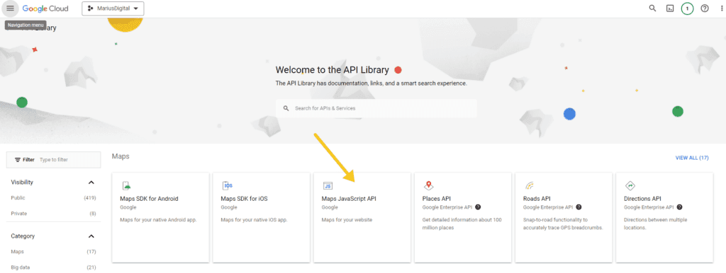 Enable Maps JavaScript API in Google Cloud