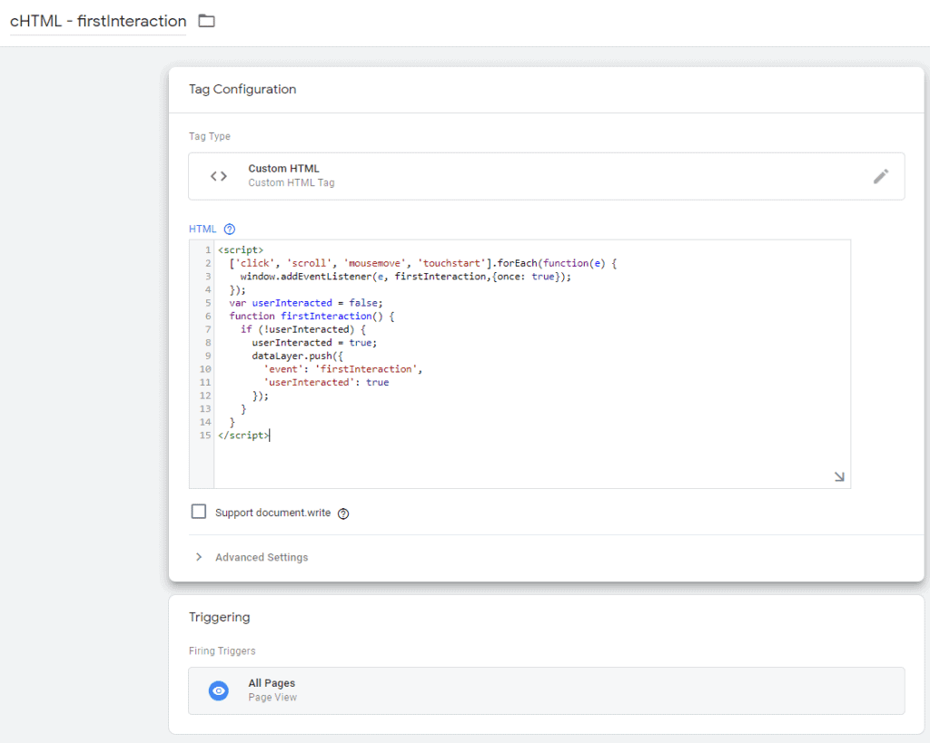 Pushing a custom event in the Data Layer in Google Tag Manager when the user first interacts