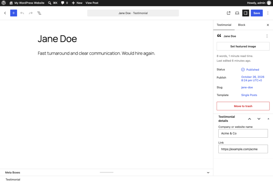 WordPress block editor editing a testimonial, with the client name as the title and a Testimonial details box for company and link in the sidebar